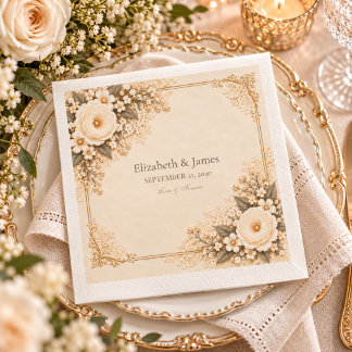 Vintage Ivory Heirloom Lace Floral Romance Wedding Napkin