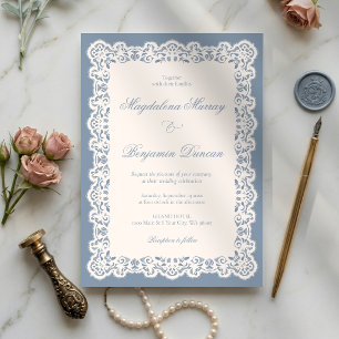 Vintage Ivory Lace Elegant Dusty Blue Chic Wedding Invitation
