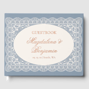 Vintage Ivory Lace Elegant Dusty Blue Wedding Guest Book