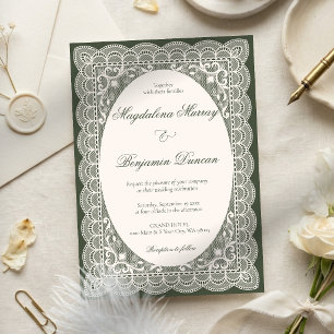 Vintage Ivory Lace Elegant Olive Green Wedding Invitation