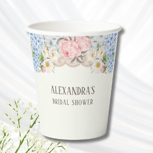 Vintage Ivory Peony Blue Hydrangea Bridal Shower Paper Cups