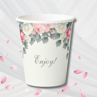 Vintage Ivory Pink Garden Roses Bridal Shower Paper Cups