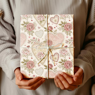 Vintage Ivory Rose Embroidered Heart Pattern Wrapping Paper