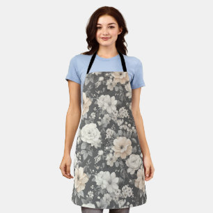 Vintage Ivory Rose Grey Floral Pattern Apron