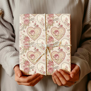 Vintage Ivory Rose Mandala Heart Pattern  Wrapping Paper
