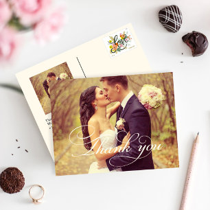 Vintage Ivory Script Wedding Photo Thank You Postcard
