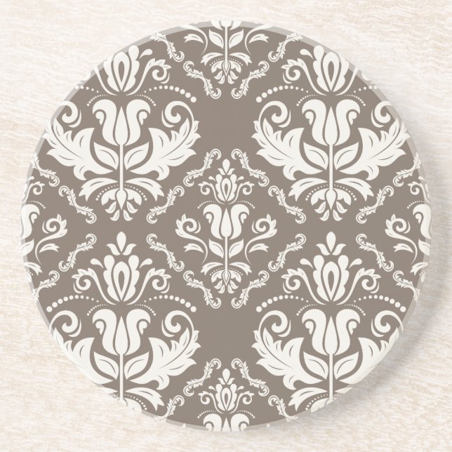 Vintage Ivory Taupe Damask Stylish Pattern Coaster (Front)