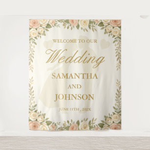 Vintage Ivory Wedding Welcome Fabric Banner Tapestry