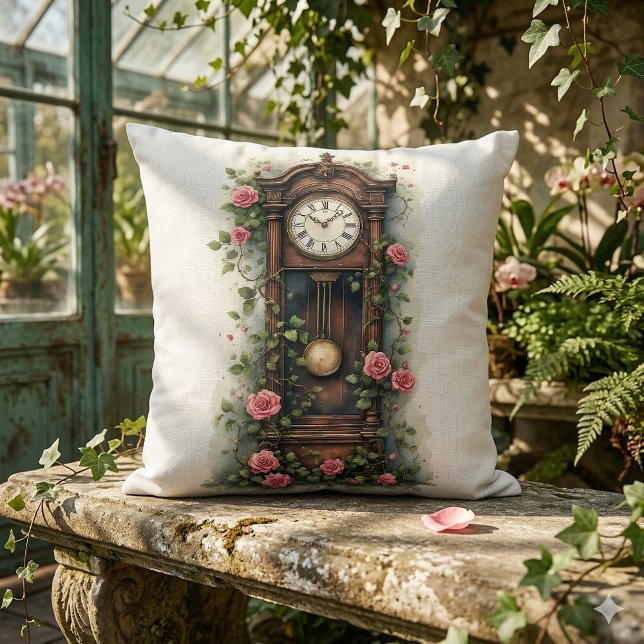 Vintage Ivy Rose Grandfather Clock Cushion (Vintage Ivy Rose Grandfather Clock Throw Pillow Mockup A)