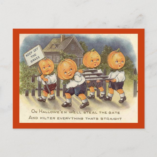Vintage Jack o' Lantern Boys Steeling Gate Postcard (Front)