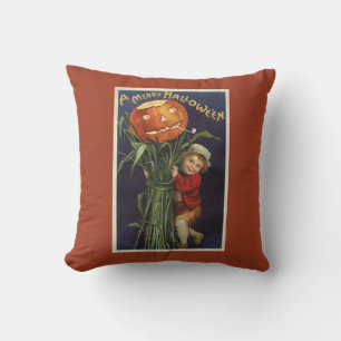 Vintage Jack-o-Lantern Cornstalk and Boy Halloween Cushion