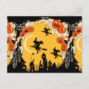 Vintage Jack o' Lanturns and Flying Witches Postcard