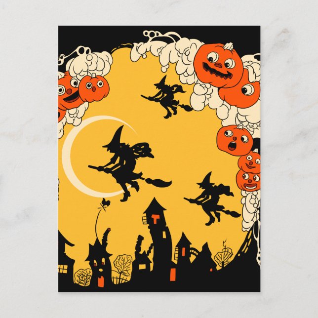 Vintage Jack o' Lanturns and Flying Witches Postcard (Front)