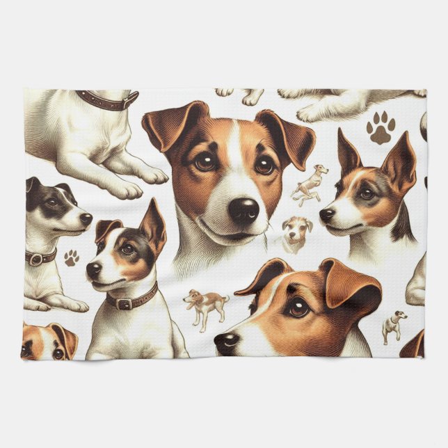 Vintage Jack Russell Terrier Seamless Tea Towel (Horizontal)