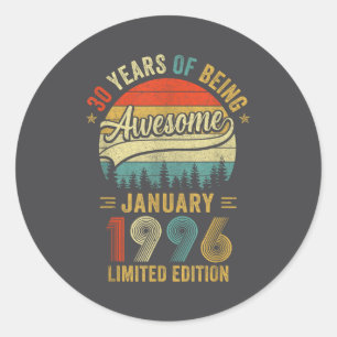 Vintage January 1996 Old 30th Birthday Men Women Classic Round Sticker