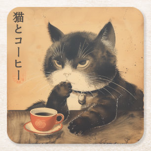 Vintage Japan art cute cat with a cup of coffee Square Paper Coaster