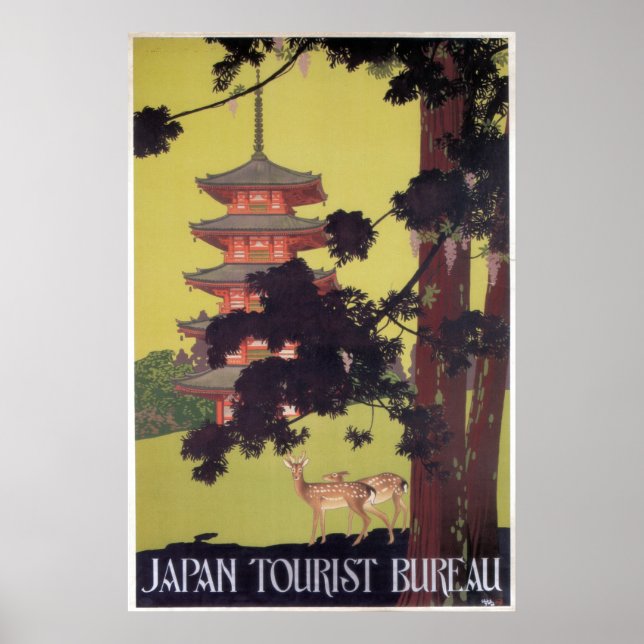 Vintage Japan Travel Deer and Temple Poster (Front)