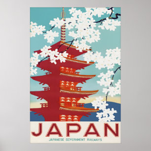 Vintage Japan Travel Poster Print Pagoda Cherry