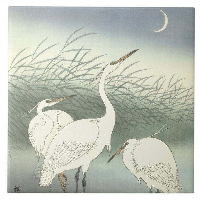 Vintage Japanese 3 Herons Under Crescent Moon Tile (Front)