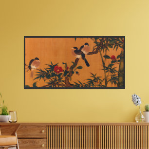 Vintage Japanese Art: Bamboo, Birds, and Camellias Canvas Print