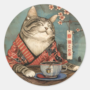 Vintage japanese art happy cat with a cup of tea classic round sticker