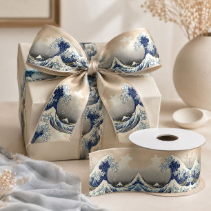 vintage japanese  art ocean landscape great wave satin ribbon