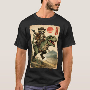 Vintage Japanese Art Racoon Riding T-Rex T-Shirt