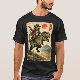 Vintage Japanese Art Racoon Riding T-Rex T-Shirt