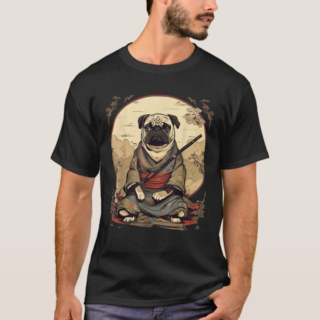 Vintage Japanese Art Samurai Pug Dog T Shirt (Front)