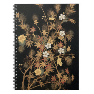 Vintage Japanese Autumn Gold Floral Black Art Notebook