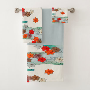 Vintage Japanese Autumn Leaves Traditional Pattern Bath Towel Set