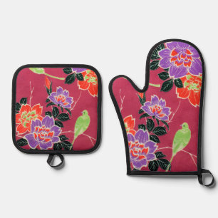 Vintage Japanese Bird and Flower Oven Mitt & Pot Holder Set