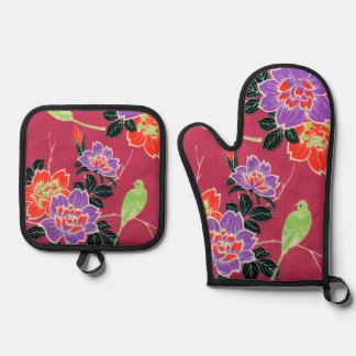 Vintage Japanese Bird and Flower Oven Mitt & Pot Holder Set