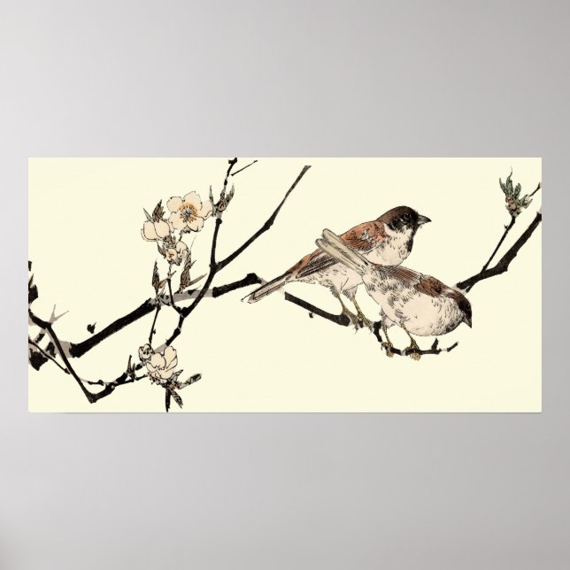 Vintage Japanese Birds And Cherry Blossoms Poster (Front)