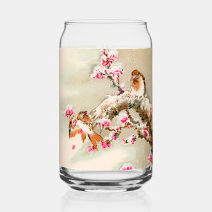 Vintage japanese birds on a branch can glass