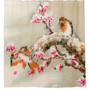 Vintage japanese birds on a branch shower curtain
