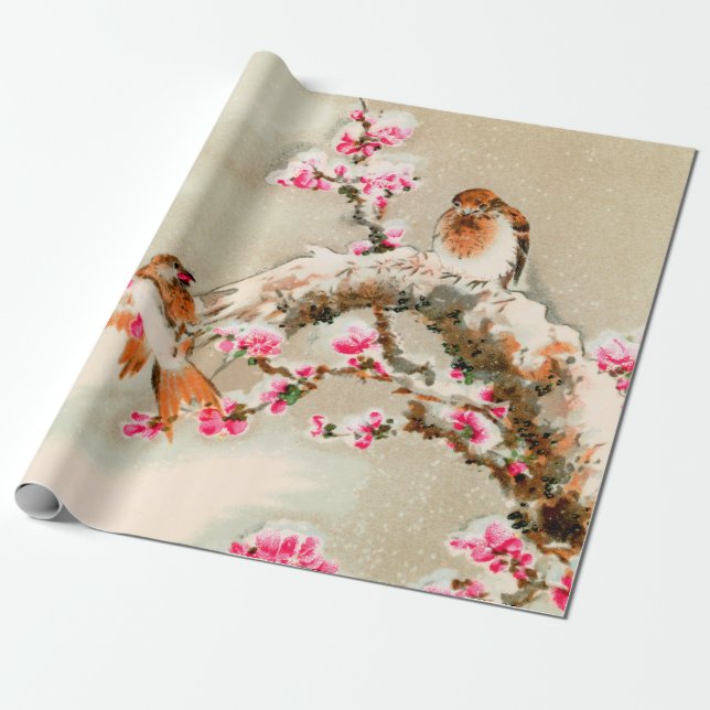 Vintage japanese birds on a branch wrapping paper (Unrolled)