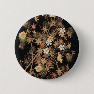 Vintage Japanese Black Gold Autumn Floral Art 6 Cm Round Badge