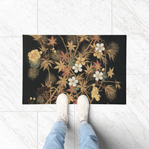 Vintage Japanese Black Gold Autumn Floral Art Doormat