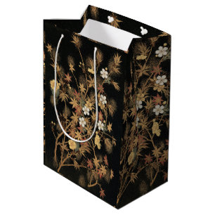 Vintage Japanese Black Gold Autumn Floral Art Medium Gift Bag