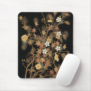 Vintage Japanese Black Gold Autumn Floral Art Mouse Pad
