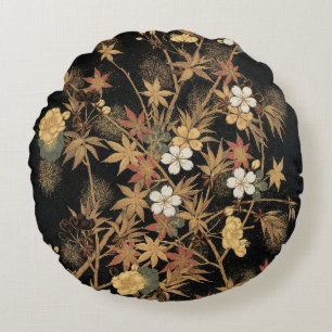 Vintage Japanese Black Gold Autumn Floral Art Round Cushion