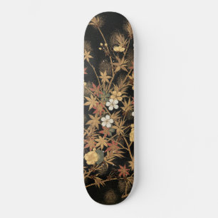 Vintage Japanese Black Gold Autumn Floral Art Skateboard