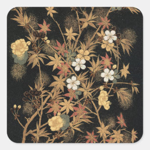 Vintage Japanese Black Gold Autumn Floral Art Square Sticker