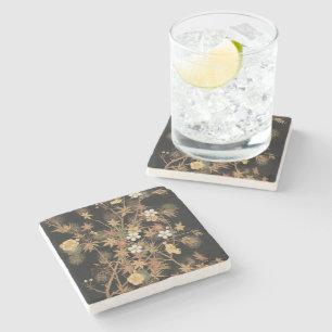Vintage Japanese Black Gold Autumn Floral Art Stone Coaster