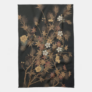 Vintage Japanese Black Gold Autumn Floral Art Tea Towel