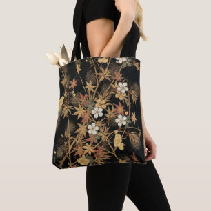 Vintage Japanese Black Gold Autumn Floral Art Tote Bag