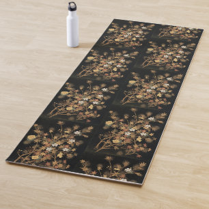 Vintage Japanese Black Gold Autumn Floral Art Yoga Mat