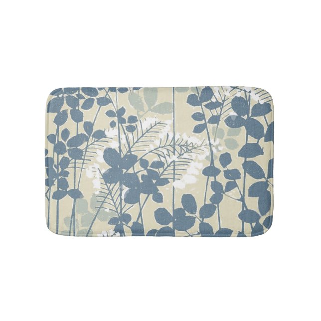 Vintage Japanese Blue Botanical: Cream Leaf Fern Bath Mat (Front)