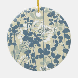 Vintage Japanese Blue Botanical: Cream Leaf Fern Ceramic Tree Decoration